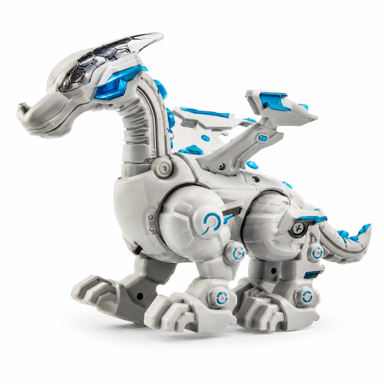 Toy robot dinosaur with white and gray color scheme on a white background