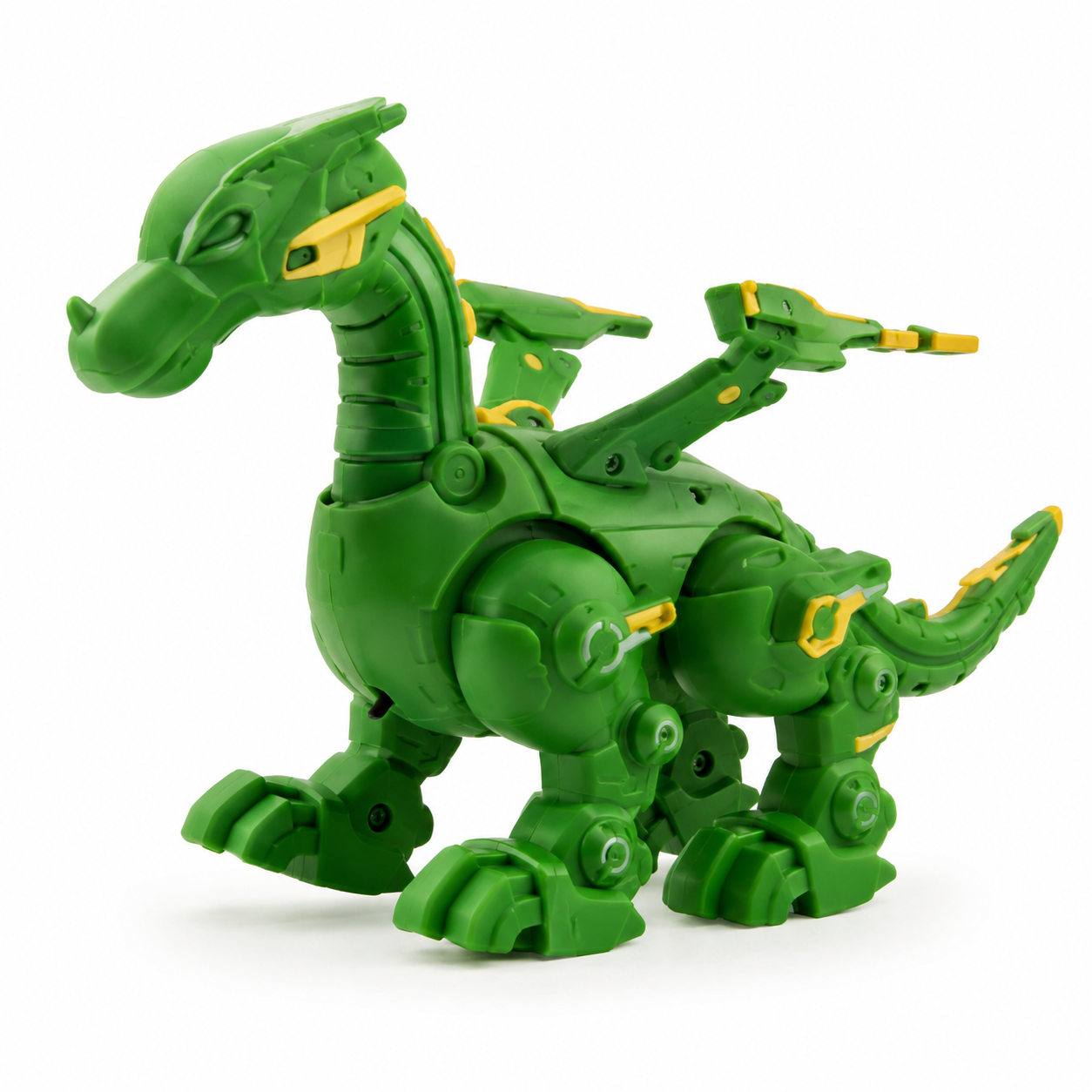 Green toy dragon with yellow accents on a white background