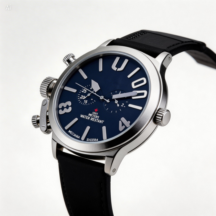 Watch with black strap and blue dial on a white background