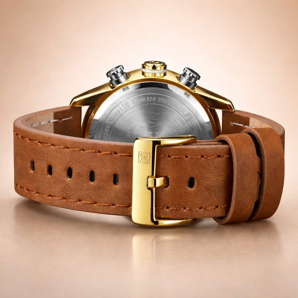Watch with brown leather strap and gold casing on a beige background