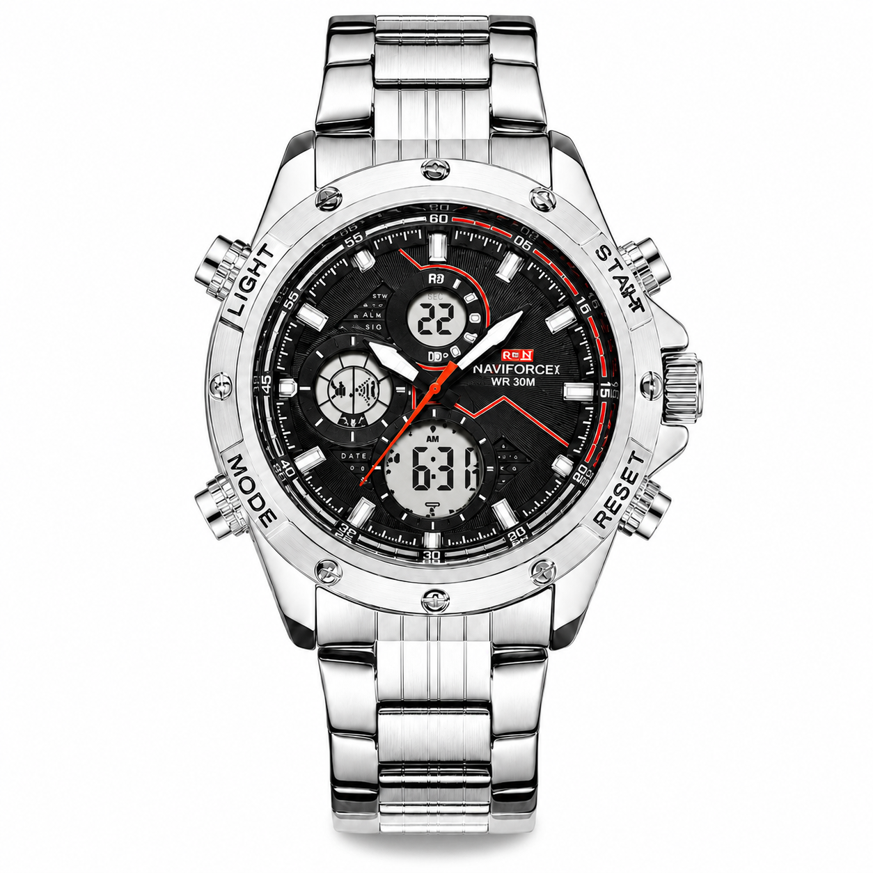 Silver wristwatch with black face and digital display on a white background