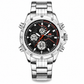 Silver wristwatch with black face and digital display on a white background