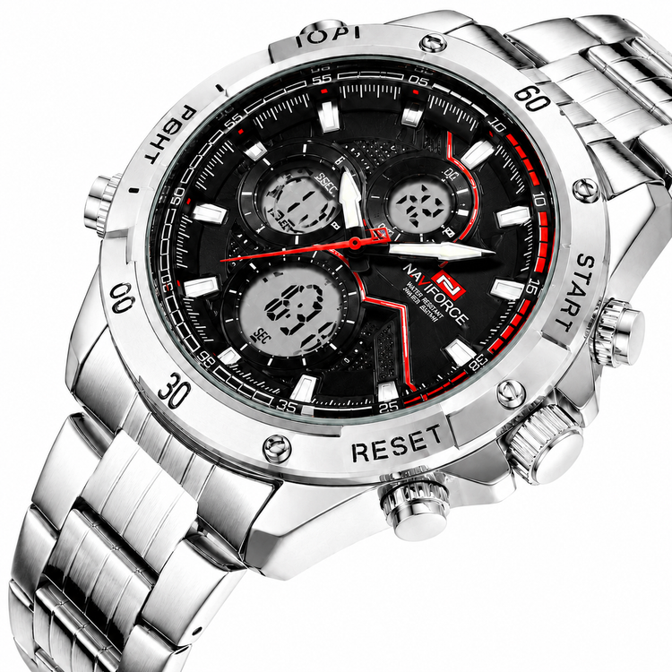Silver wristwatch with black face and digital display on a white background