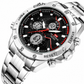 Silver wristwatch with black face and digital display on a white background