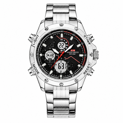 Silver wristwatch with black face and digital display on a white background