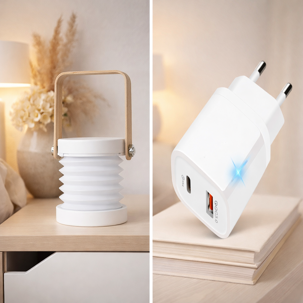 White Collapsible lantern and power adapter on a beige background
