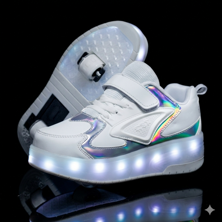 White LED sneakers with rainbow accents on a black background