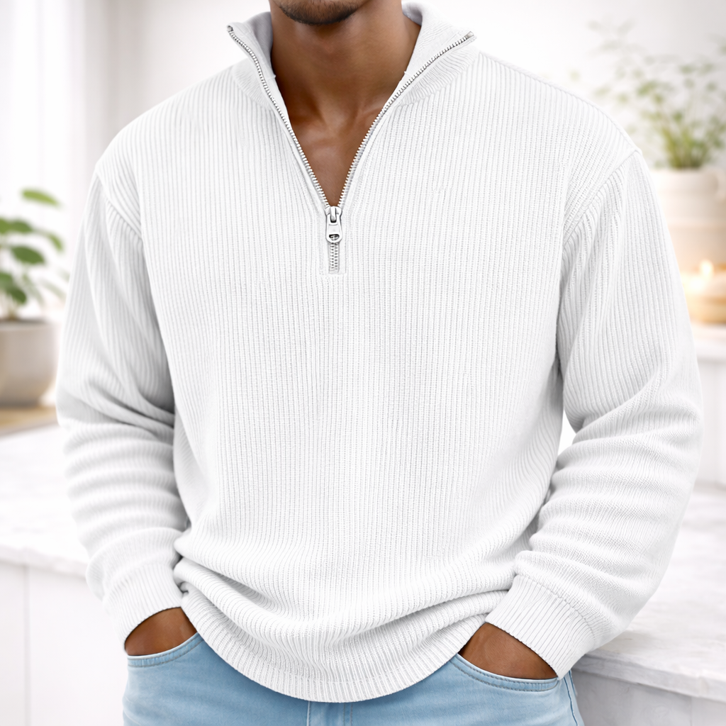 White Men’s Corduroy Stand-Collar Zip Sweatshirt