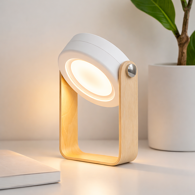 Modern table lamp with wooden base and white top on a light surface.