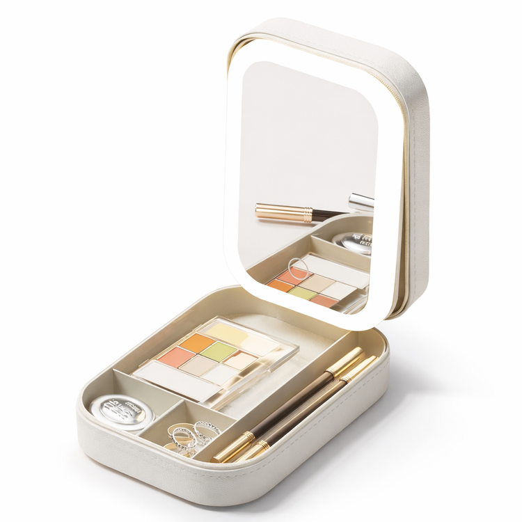 White Portable Makeup Storage Box with LED Mirror
