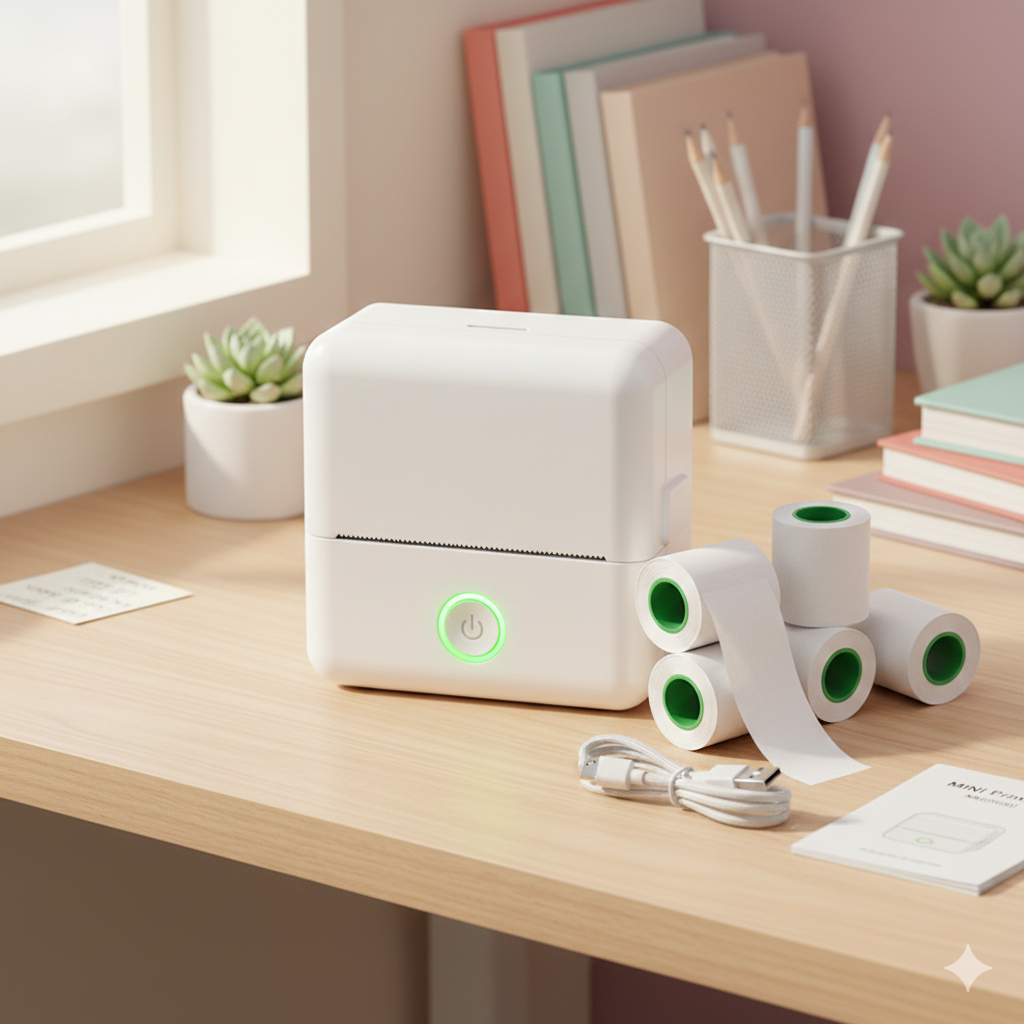 White Portable Student Thermal Printer With Five Roll Set