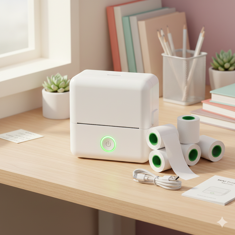 White Portable Student Thermal Printer With Five Roll Set