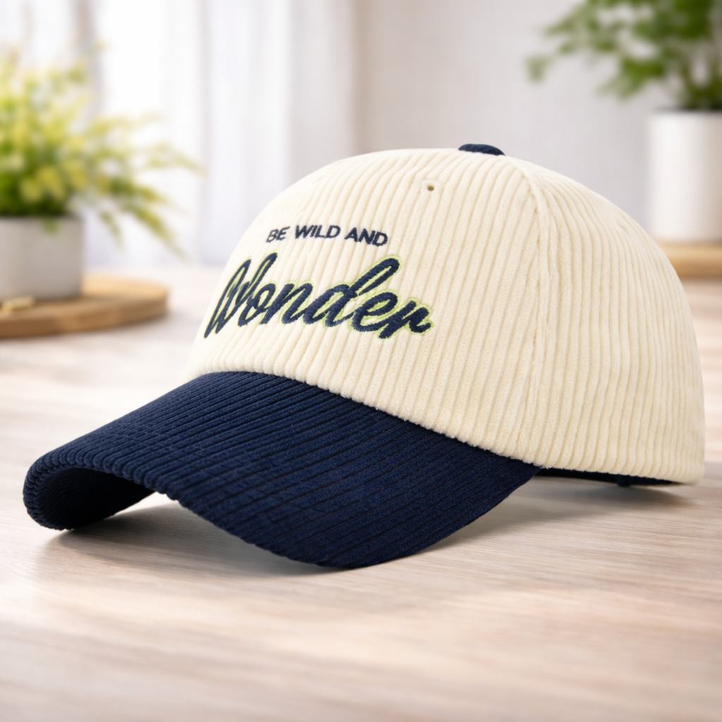 White and navy cap with &