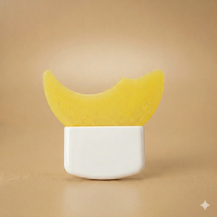 White container with yellow lid on a beige background