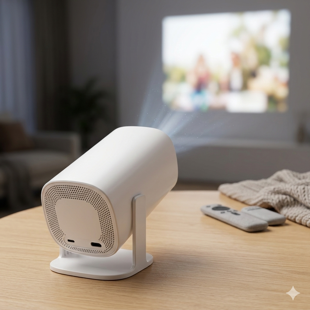 White cylindrical projector on a wooden table with a blurred background of a screen displaying an image.