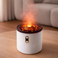 White electronic fireplace device with flames on a wooden surface