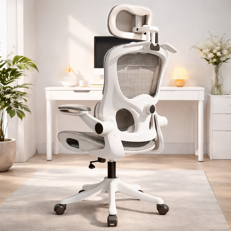White ergonomic office chair in a home office setting with wooden floor and desk White Frame Gray Net Hollow out style