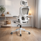 White ergonomic office chair in a home office setting with wooden floor and desk White Frame Gray Net Hollow out style