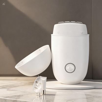White facial steamer with attachments on a marble surface