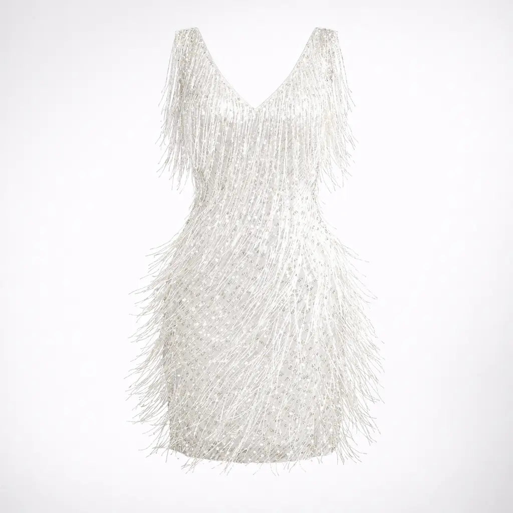 tassel deep v-neck camisole dress for elegant style in white with shimmering tassels and sequins