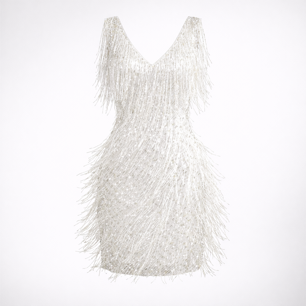White fringe dress on a white background