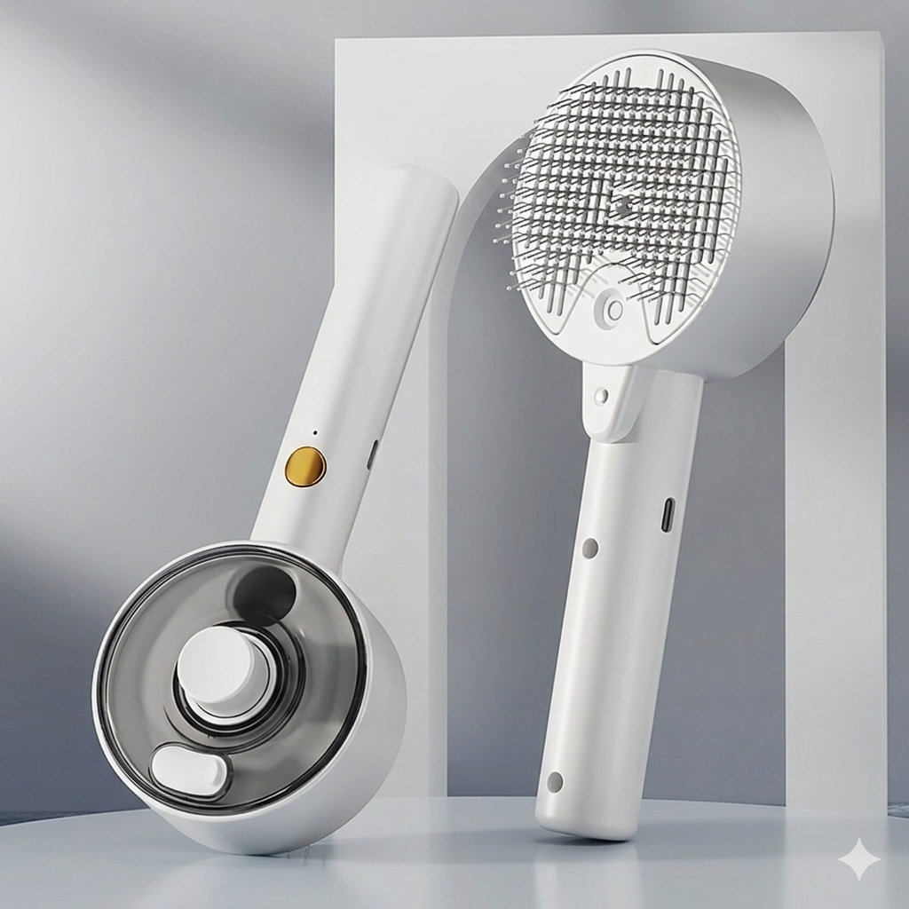 White handheld hair care device with brush and nozzle on a white background