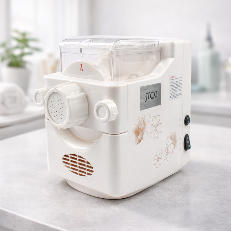 White pasta maker on a marble surface with a blurred background