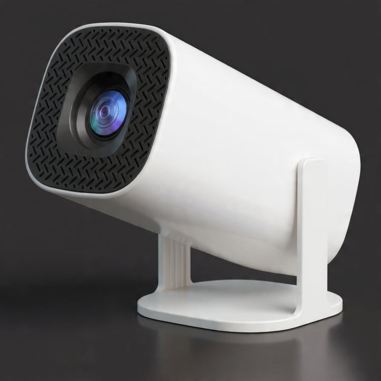 White portable projector camera on a wooden surface with a blurred black indoor background