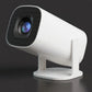 White portable projector camera on a wooden surface with a blurred black indoor background
