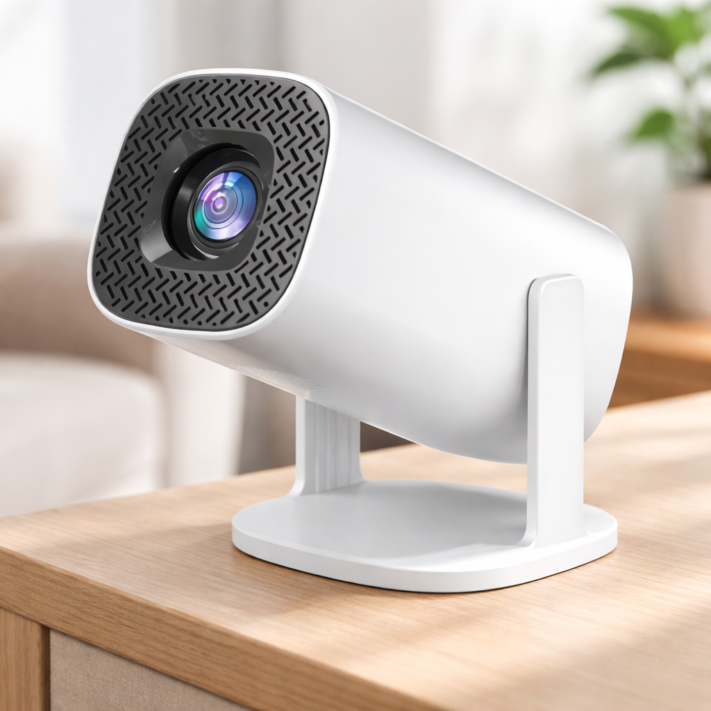 White portable projector camera on a wooden surface with a blurred indoor background