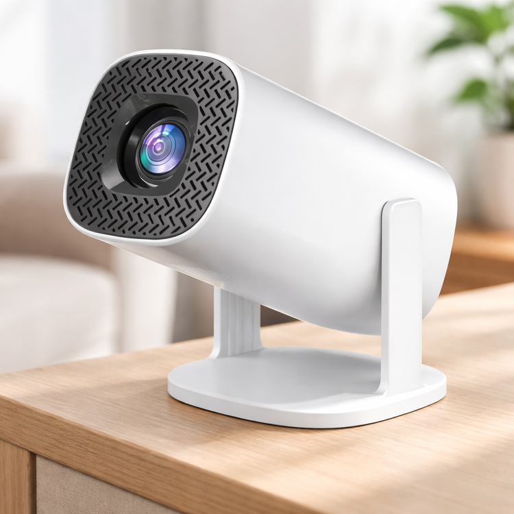 White portable projector camera on a wooden surface with a blurred indoor background