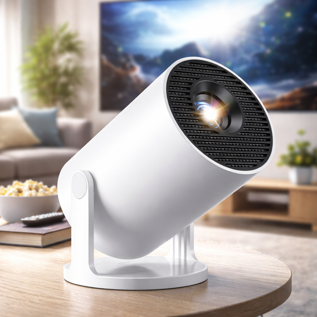 White portable projector on a table with a blurred living room background