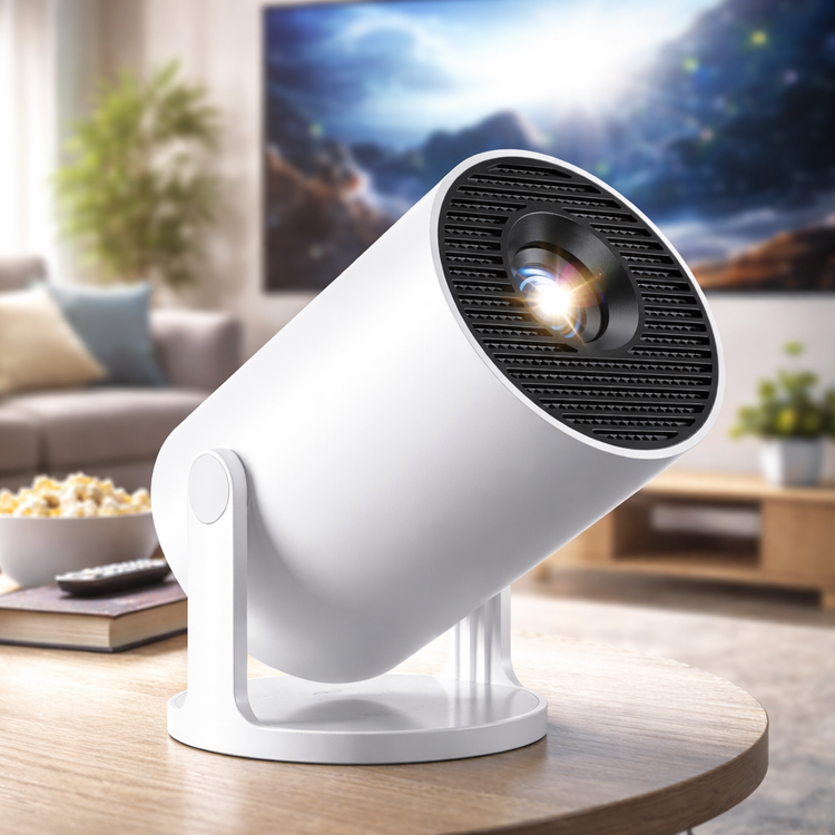 White portable projector on a table with a blurred living room background