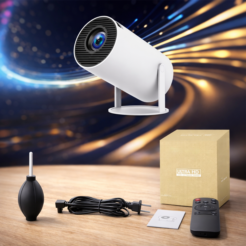 White security camera with accessories on a wooden surface against a dynamic background.