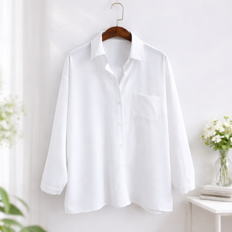 White shirt on a hanger against a white background