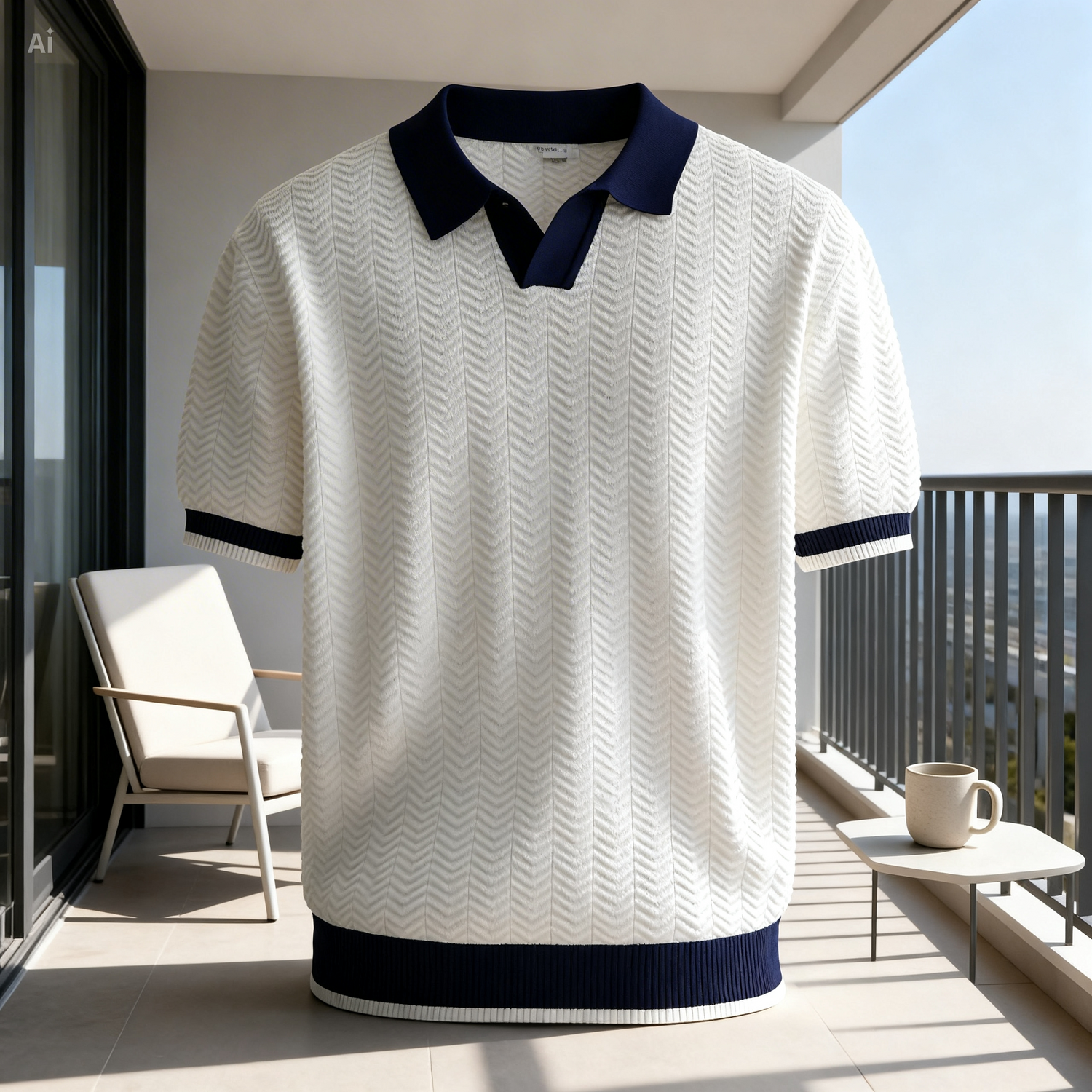 White textured shirt with navy accents on a balcony