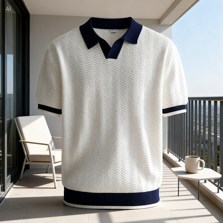 White textured shirt with navy accents on a balcony