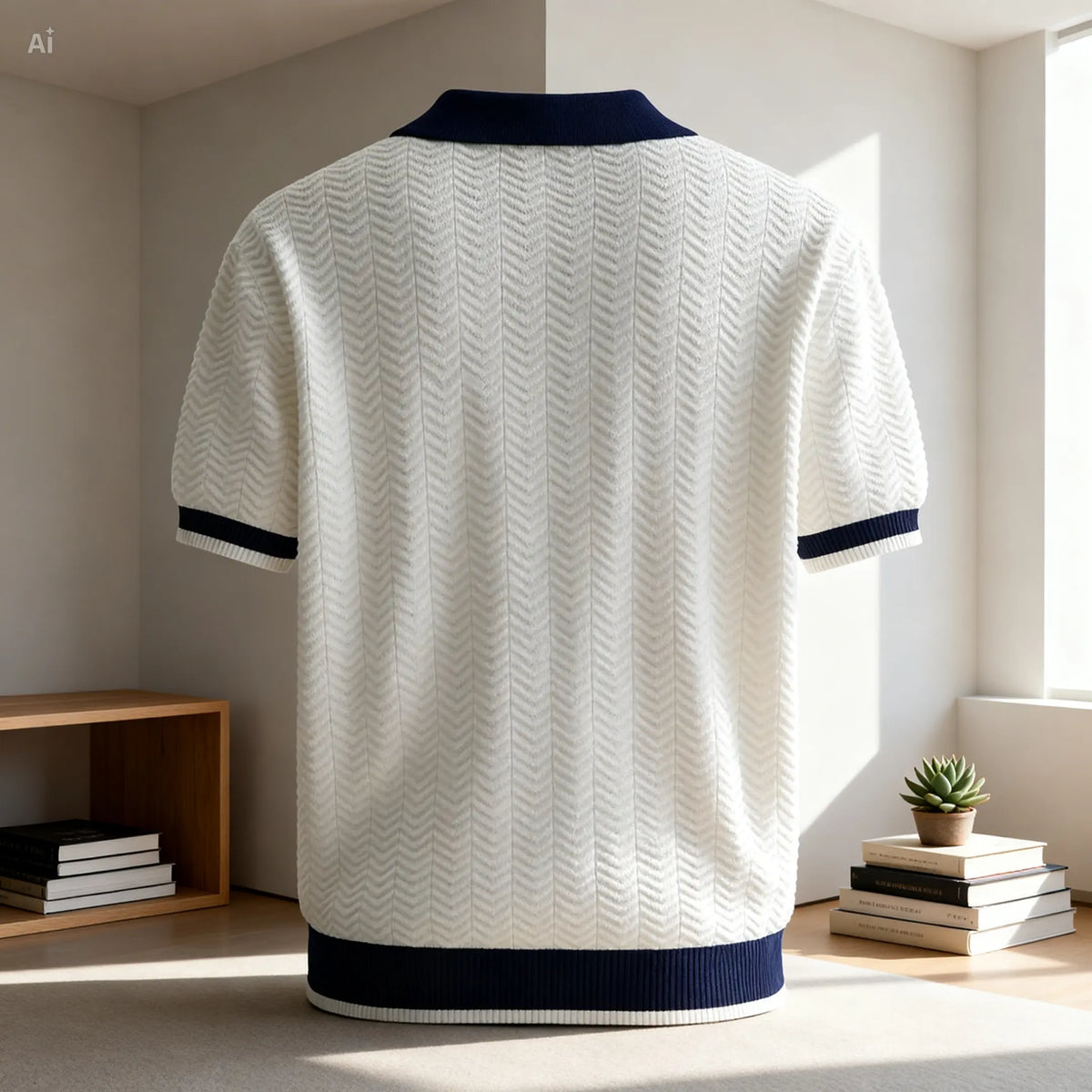White textured shirt with navy trim on a mannequin against a neutral indoor background