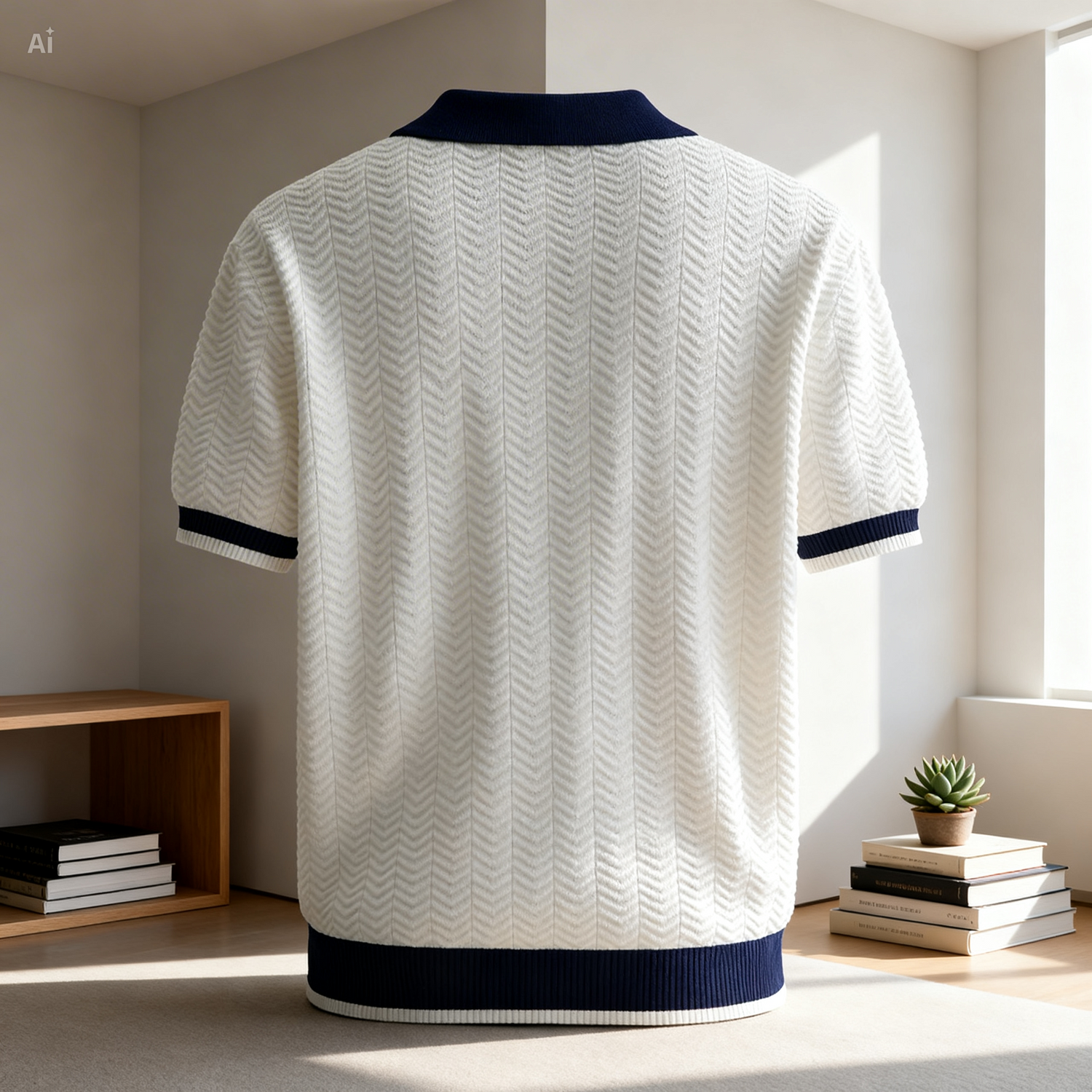 White textured shirt with navy trim on a mannequin against a neutral indoor background