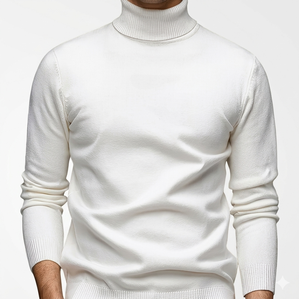 White turtleneck sweater worn by a person on a light gray background
