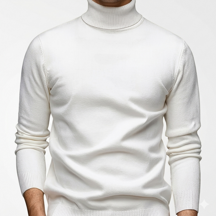 White turtleneck sweater worn by a person on a light gray background