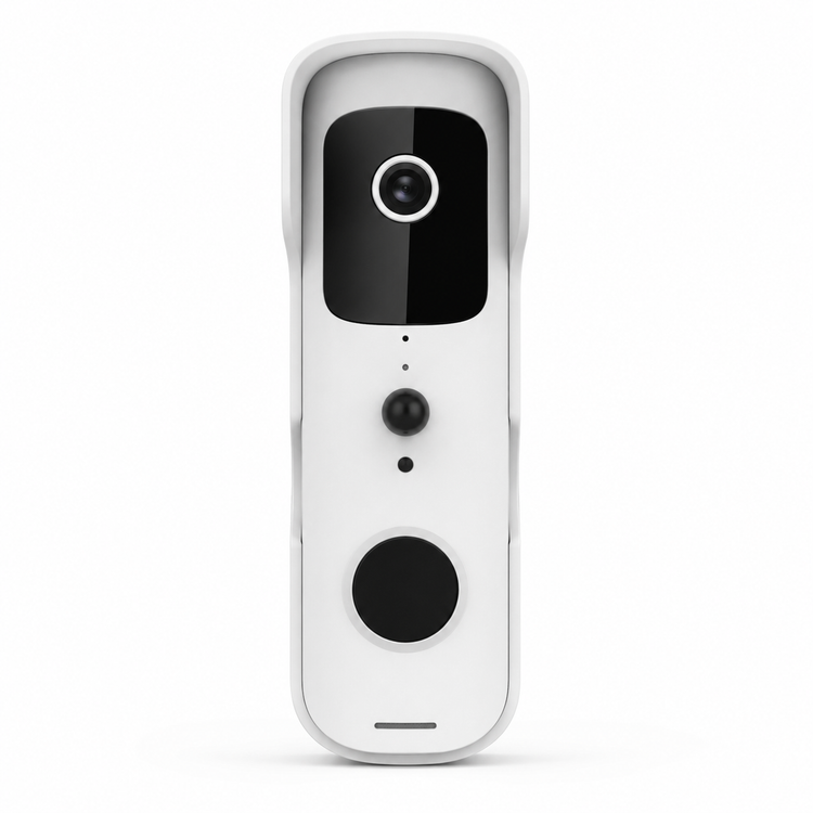 White doorbell camera with black accents on a white background