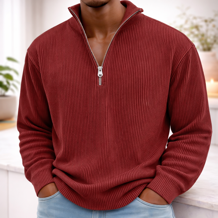 Wine Men’s Corduroy Stand-Collar Zip Sweatshirt