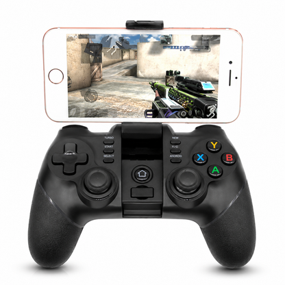 Black gaming controller with smartphone displaying a first-person shooter game on a white background