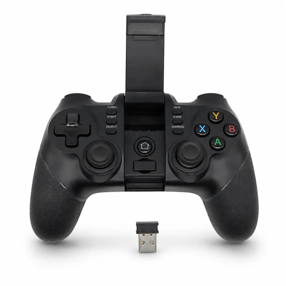 Wireless gamepad for android ios pc with clip displaying black controller top view and included usb adapter