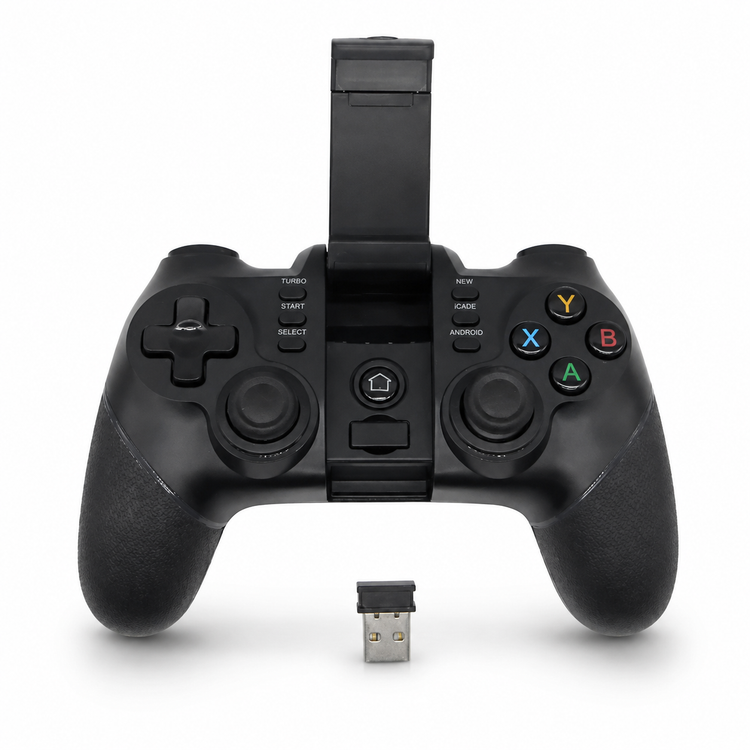 Black gaming controller with USB receiver on a white background