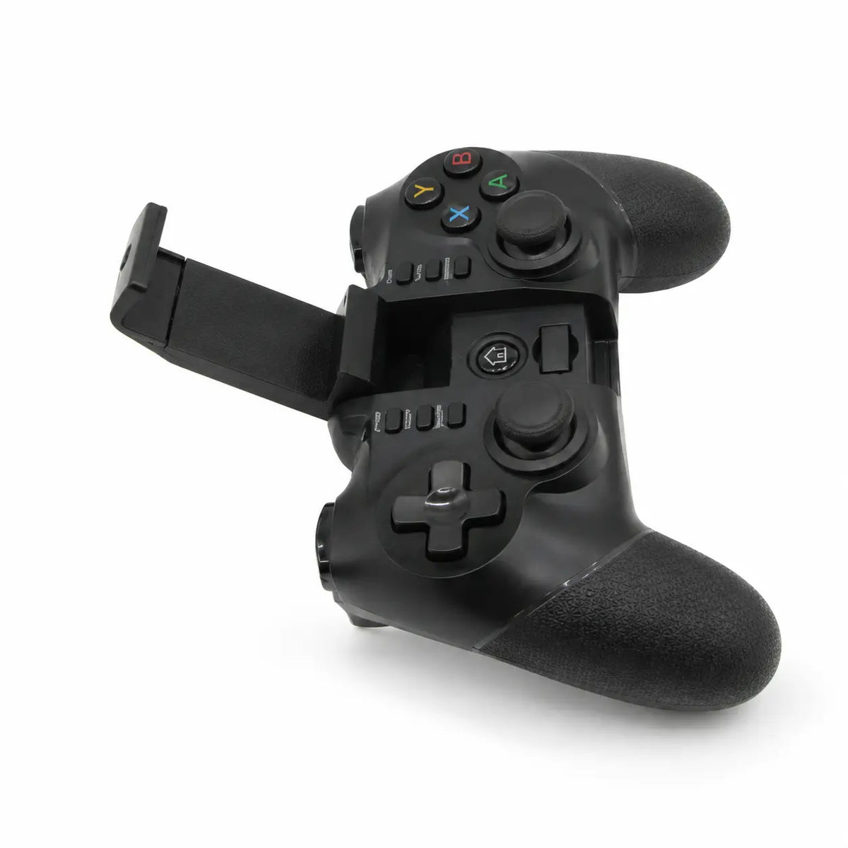 Wireless gamepad for android ios pc with clip presenting black controller side view with extended clip