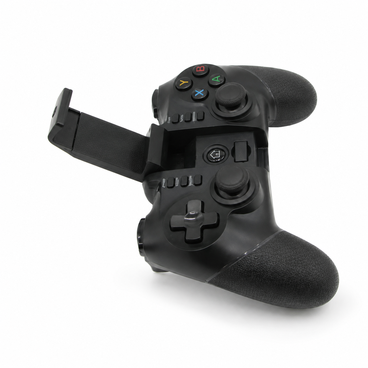 Black gaming controller with joystick and buttons on a white background