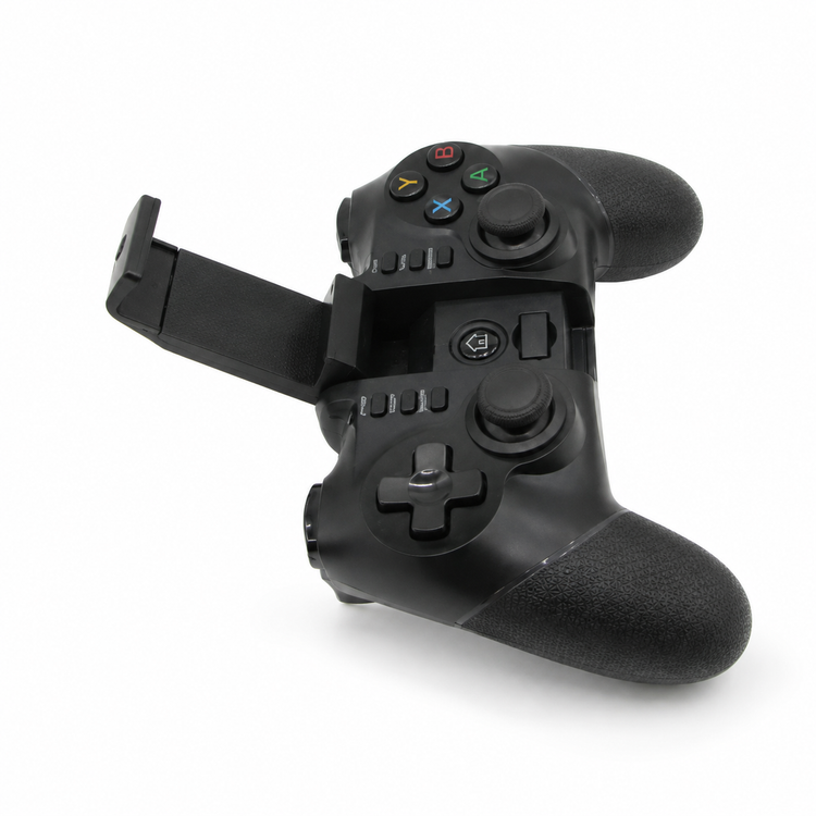 Black gaming controller with joystick and buttons on a white background