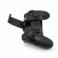 Black gaming controller with joystick and buttons on a white background